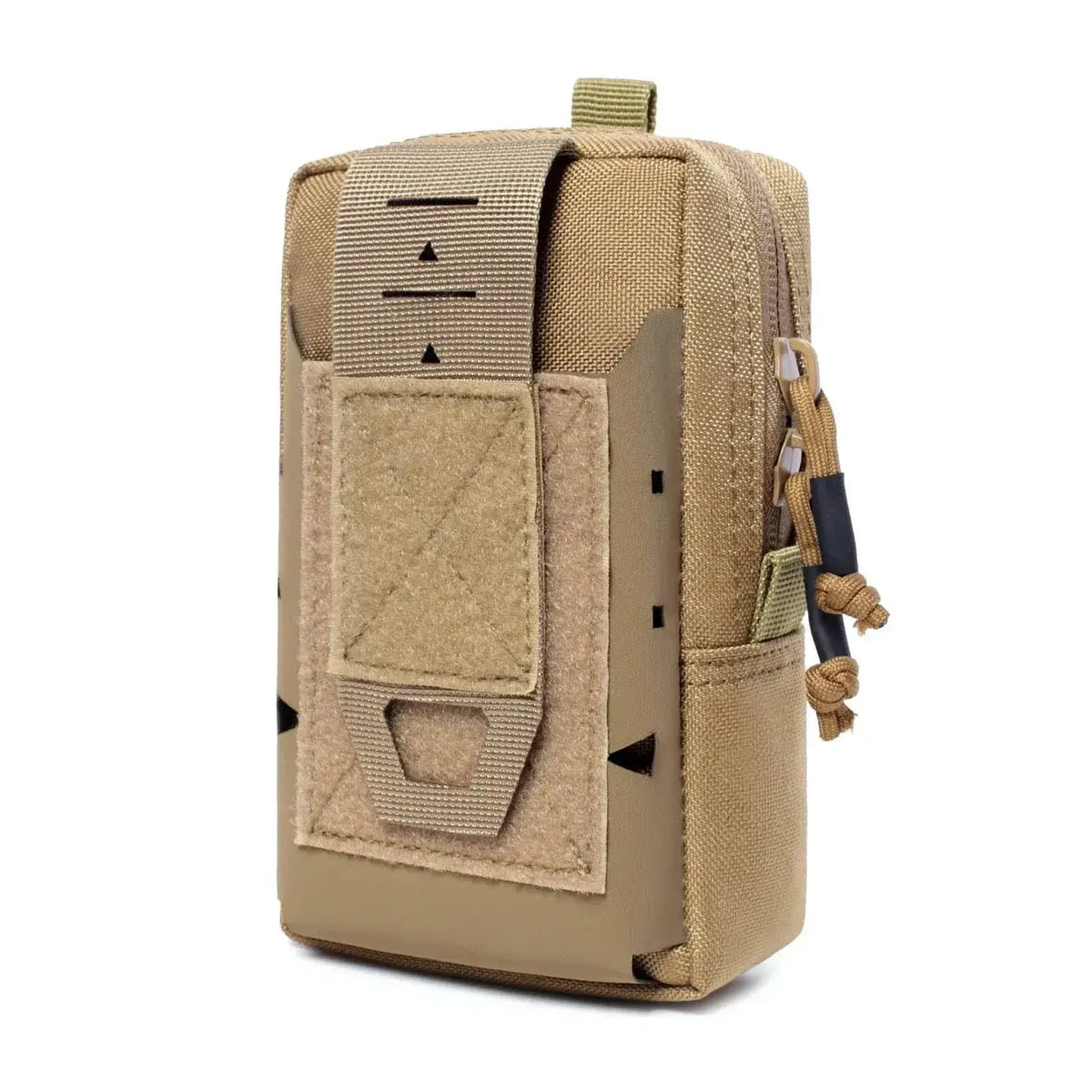 Multi-function pouch in tan with durable fabric and multiple attachment options for outdoor use