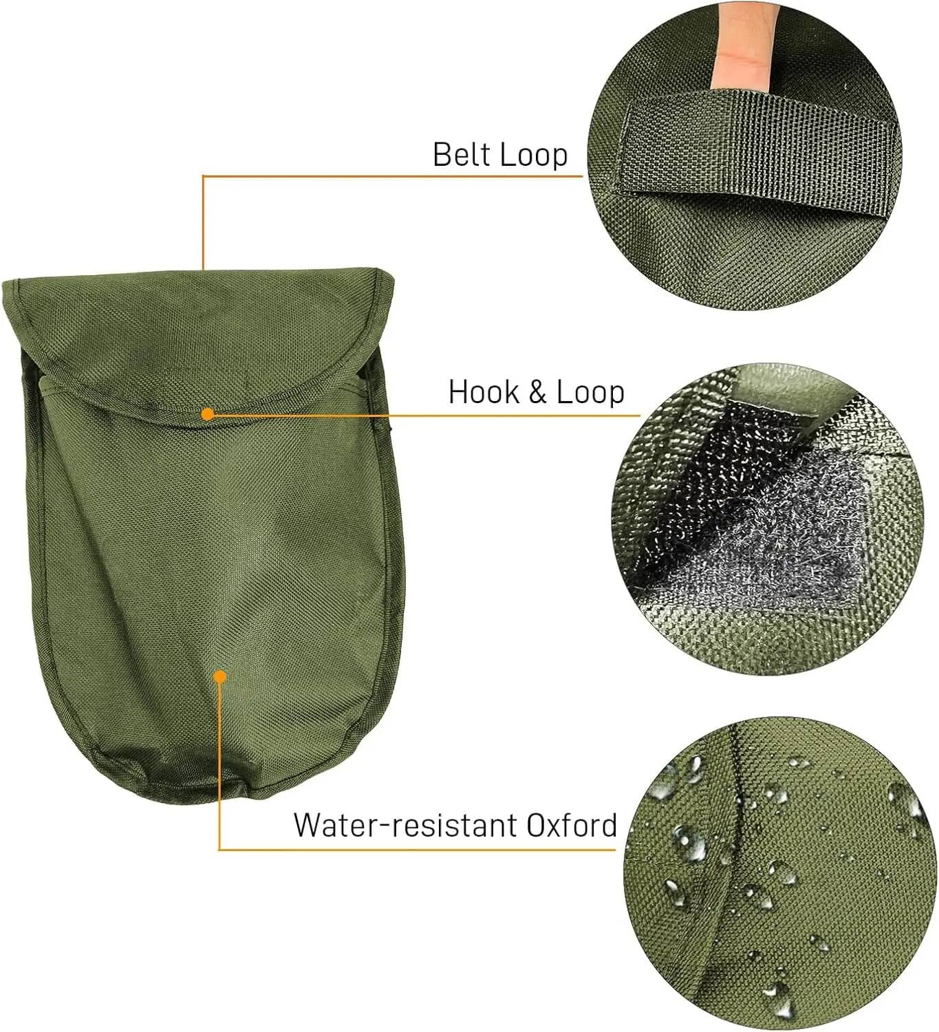 Multifunctional folding shovel pouch in green, featuring water-resistant Oxford fabric and belt loop