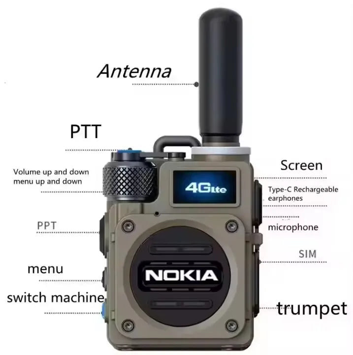NOKIA 4G Two Way Radio with Antenna, PTT Button, Screen, and Rechargeable Features