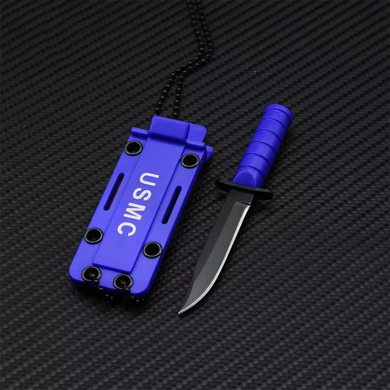 Mini survival knife with a sleek design, blue handle, and protective case, ideal for outdoor adventures- Military-Outdoors.com