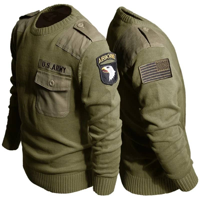Olive Green Outdoor Fleece Sweater with Military Patches and Pockets