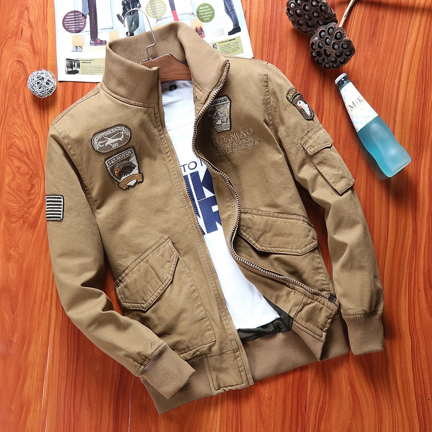 Men's outdoor flight jacket in khaki with military patches for stylish outdoor adventures