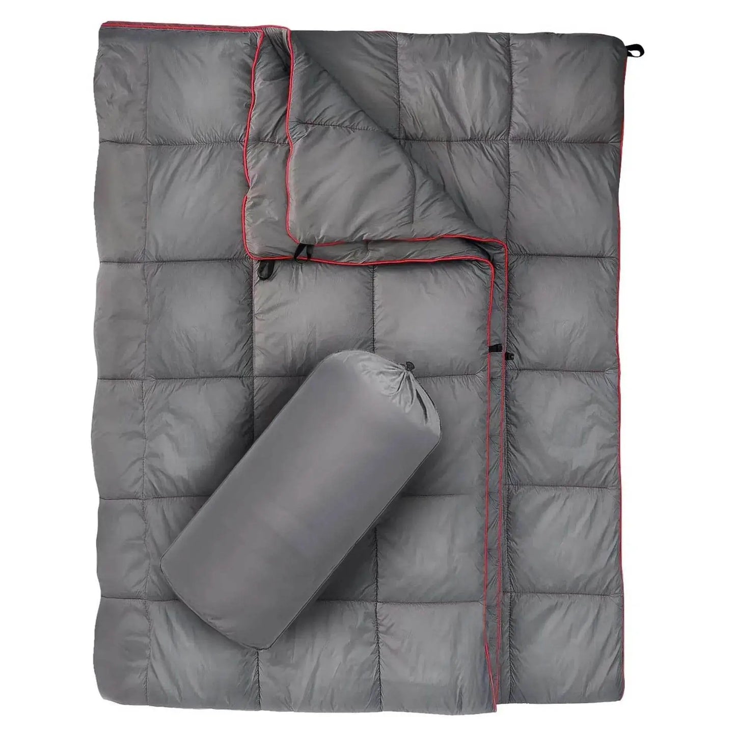Gray lightweight camping blanket with compact storage bag for easy travel