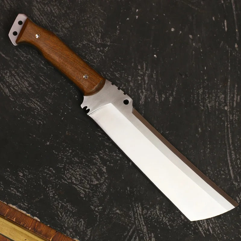 Heavy duty survival knife cleaver style with straight satin blade and hardwood full tang handle
