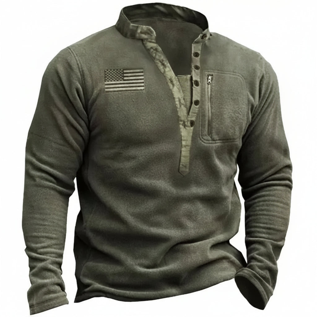 Military Green Outdoor Sweater with US Flag and Utility Pocket
