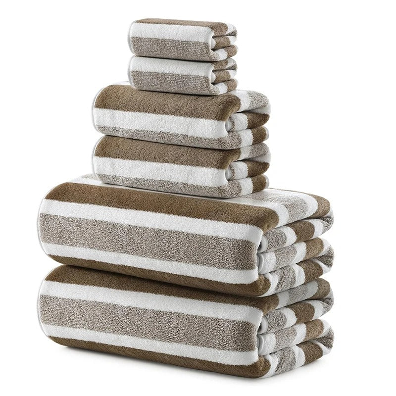 Brown striped outdoor towel set for camping and beach use