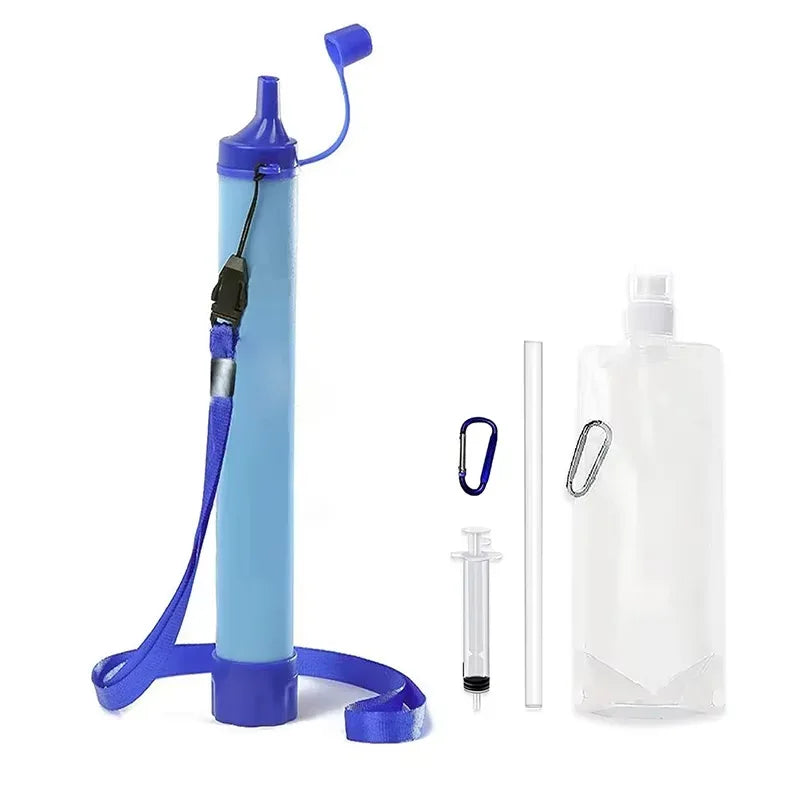 Military-Outdoors Blue Outdoor Water Filter with Straw and Accessories for Camping