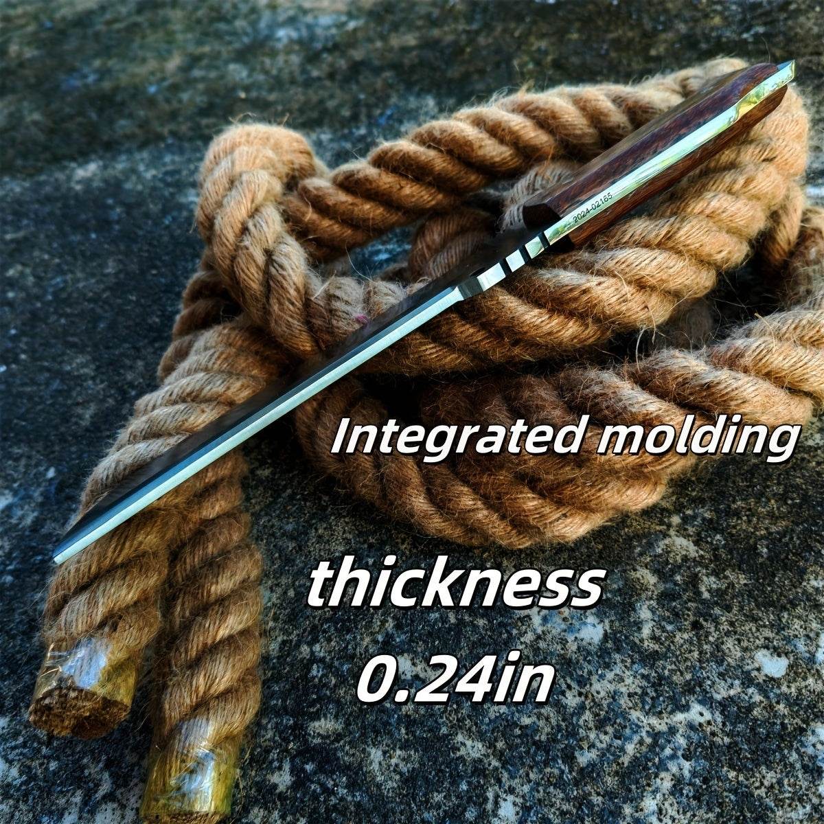 Military Outdoors slim full tang survival knife on coiled rope showing blade profile and 0.24 inch thickness