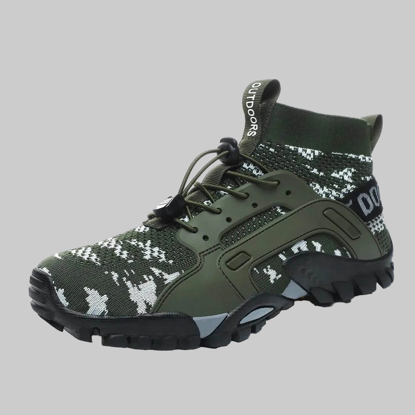Military camouflage outdoor sneakers with a flexible design and secure lacing system for outdoor activities