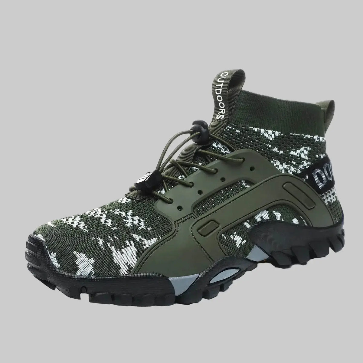 Military camouflage outdoor sneakers with a flexible design and secure lacing system for outdoor activities