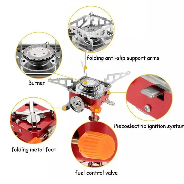 Red portable gas stove with folding arms and piezoelectric ignition