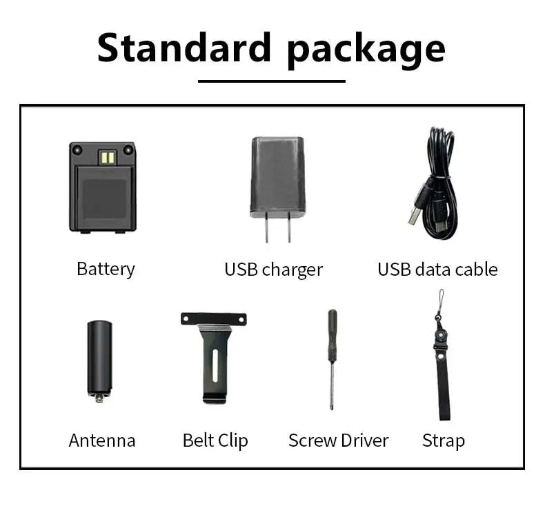 Standard package for Military-Outdoors Portable Network Radio including battery, charger, antenna, and accessories