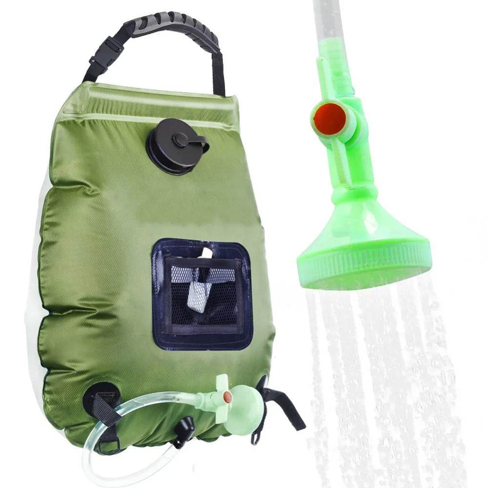 Portable solar shower bag in green for outdoor camping use