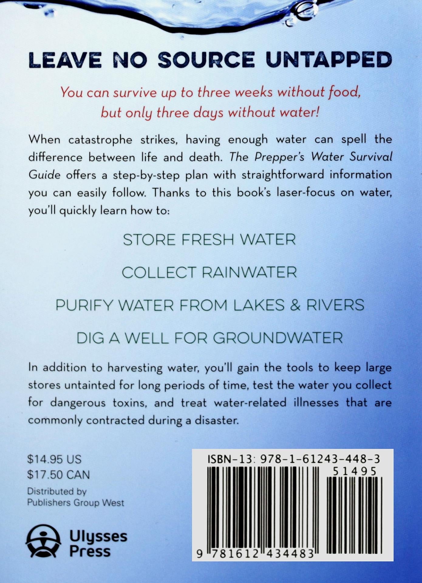 The Prepper's Water Survival Guide book cover detailing essential water storage and purification methods