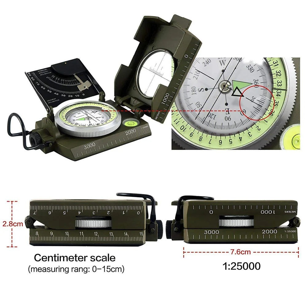 Professional outdoor compass with centimeter scale for navigation and mapping