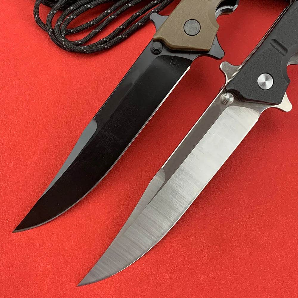 Two professional survival knifes featuring sleek blades and durable handles on a vibrant red background