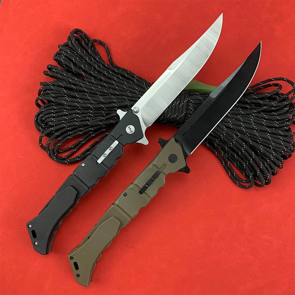 Set of two professional survival knifes with durable blades and ergonomic handles on a red background