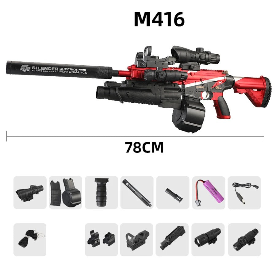 Realistic toy gun with scope featuring a silencer and multiple attachments for enhanced playtime fun