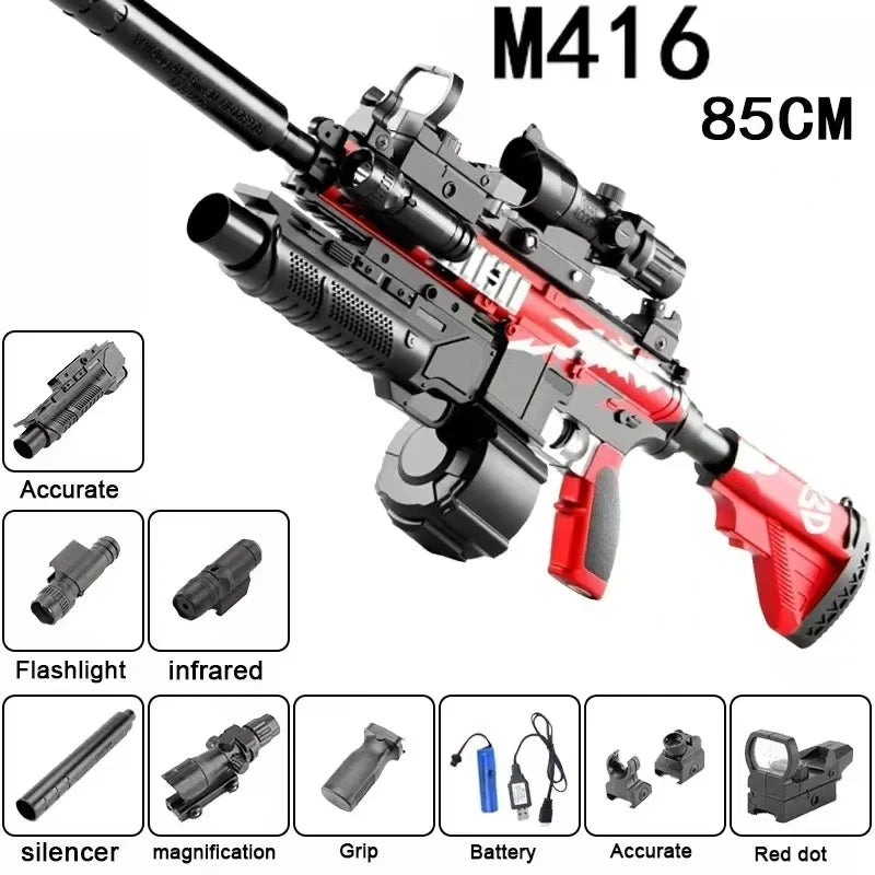Realistic toy gun with scope featuring flashlight and silencer, ideal for outdoor play and adventures