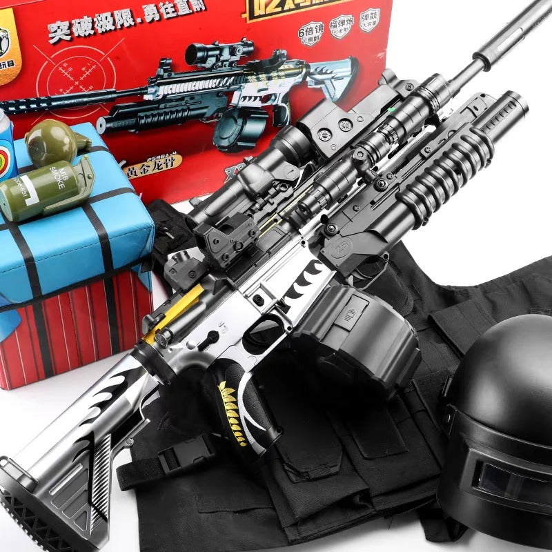 Realistic toy gun with scope displayed beside a helmet and gift boxes for indoor or outdoor play