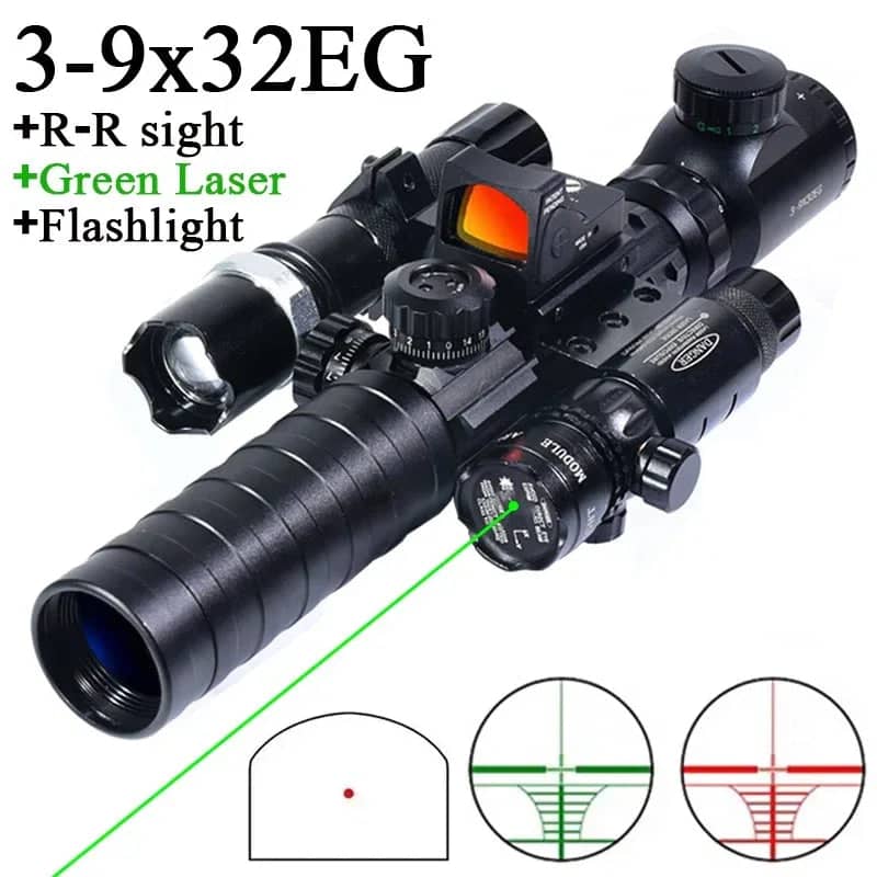 3-9x32EG 4-in-1 rifle scope combo with R-R sight, green laser, and flashlight