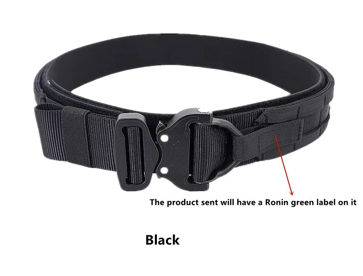 Ronin style tactical belt in black with adjustable buckle and green label for versatile use