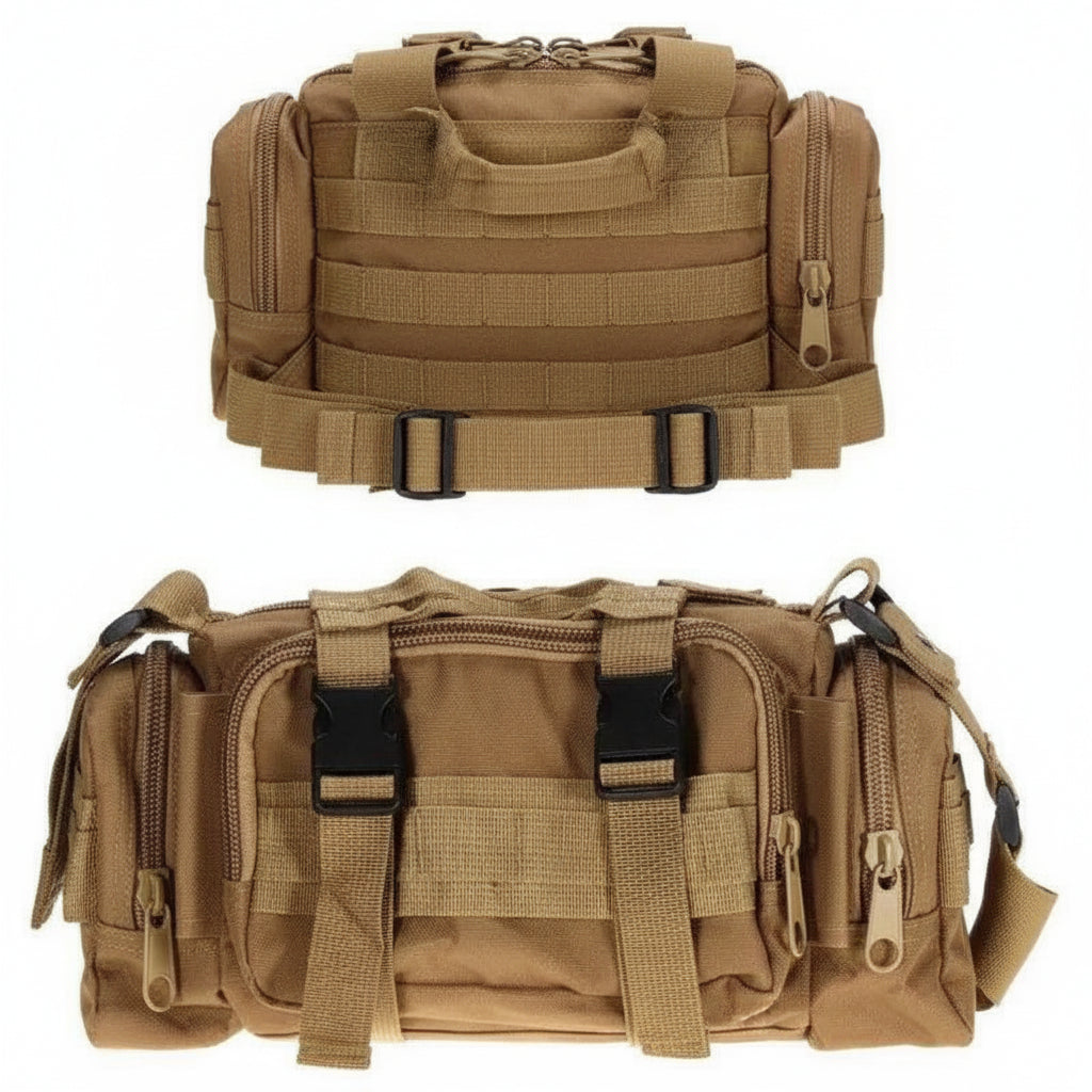 Tan outdoor tactical backpack with multiple compartments and adjustable straps for outdoor adventures