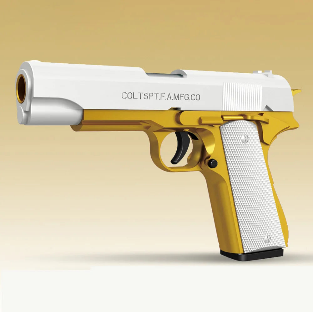 Gold and white toy gun designed for soft bullets for toy guns with detailed grip and realistic styling