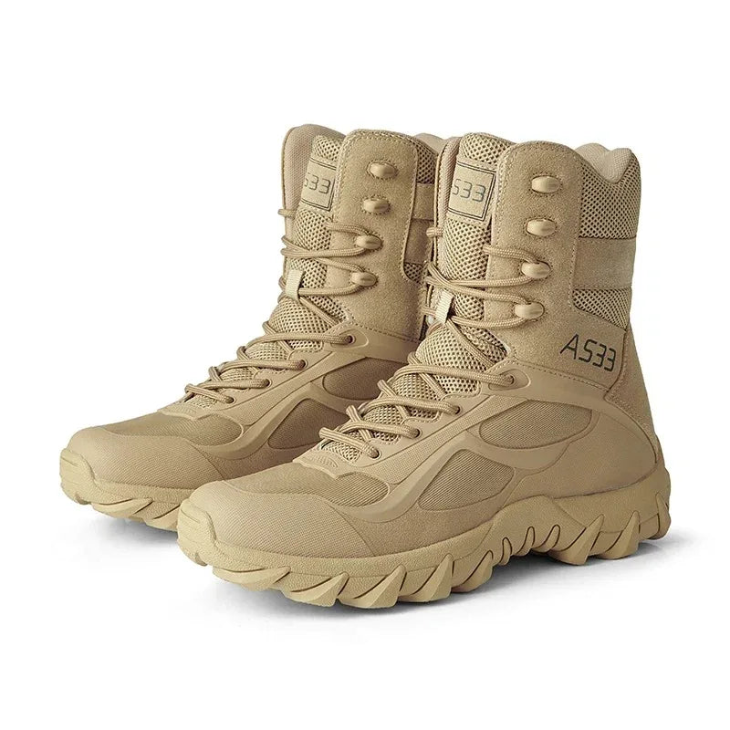Tan split leather boots designed for tactical performance and durability