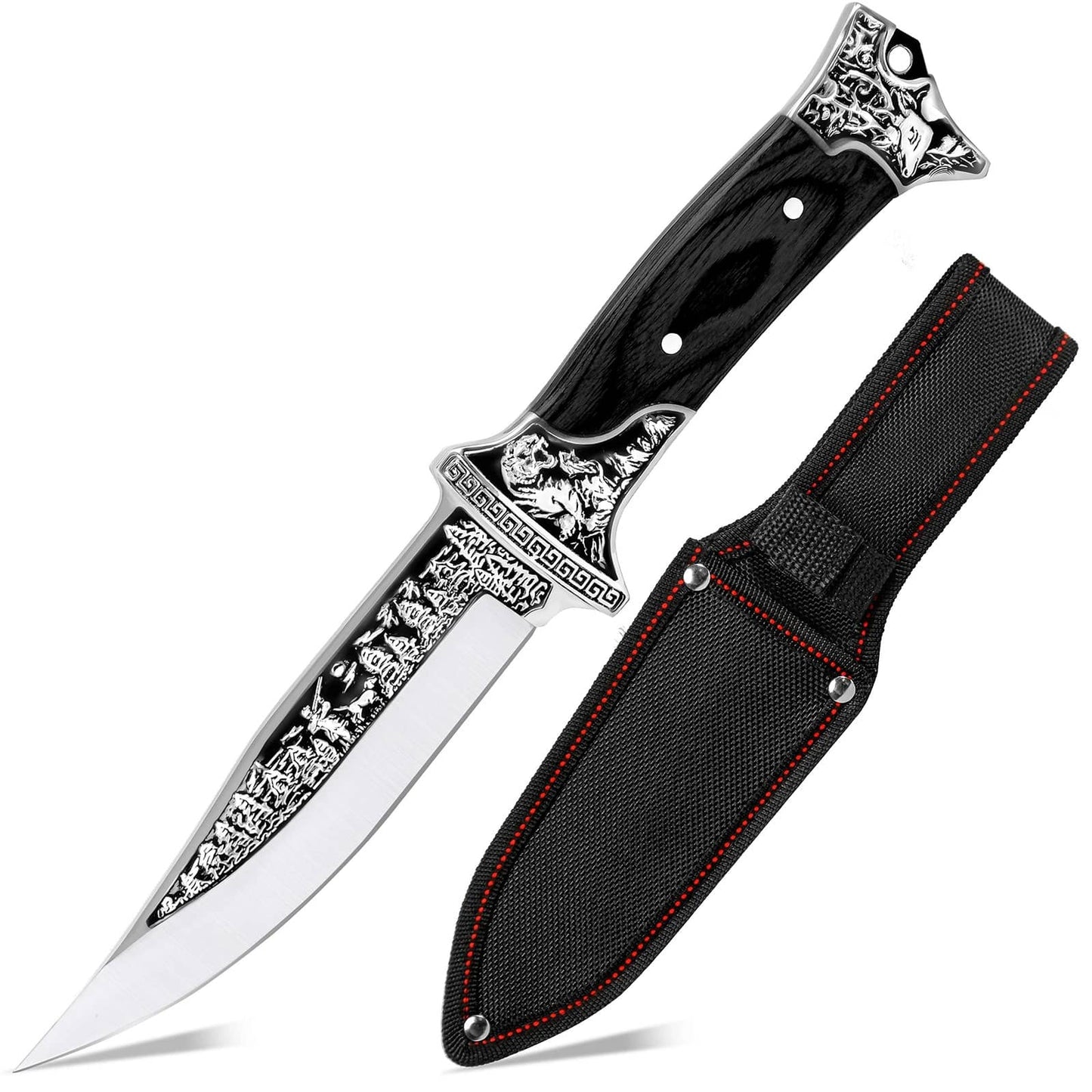 Decorative stainless steel hunting knife with black handle and protective sheath