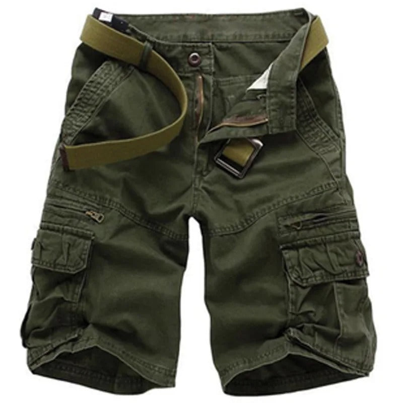 Green summer cargo shorts with multiple pockets for outdoor activities