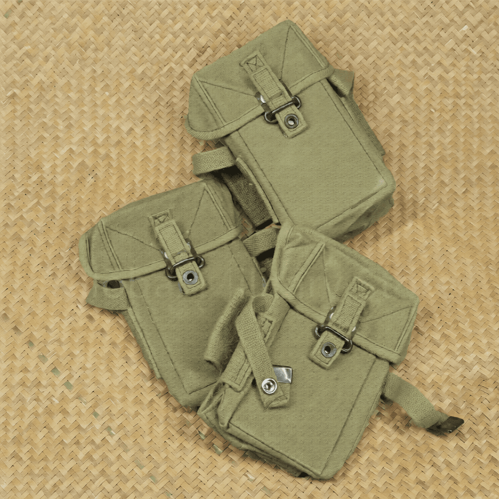 Surplus pouches in olive green for military gear storage