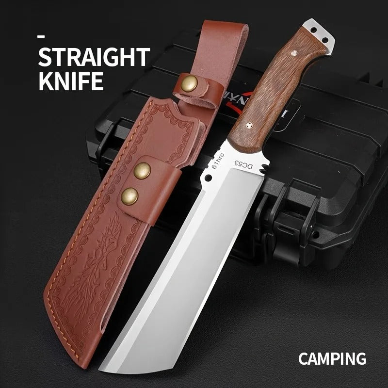 Straight survival knife with long cleaver blade wooden handle and embossed leather sheath for camping
