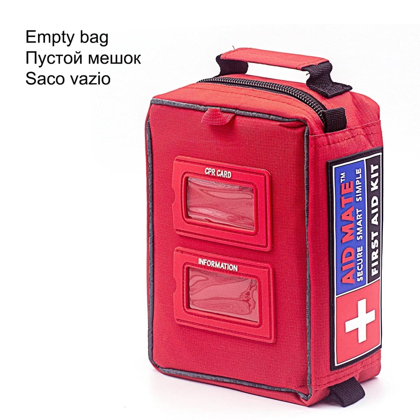 Red empty survival mini first aid kit with zipper and transparent pockets