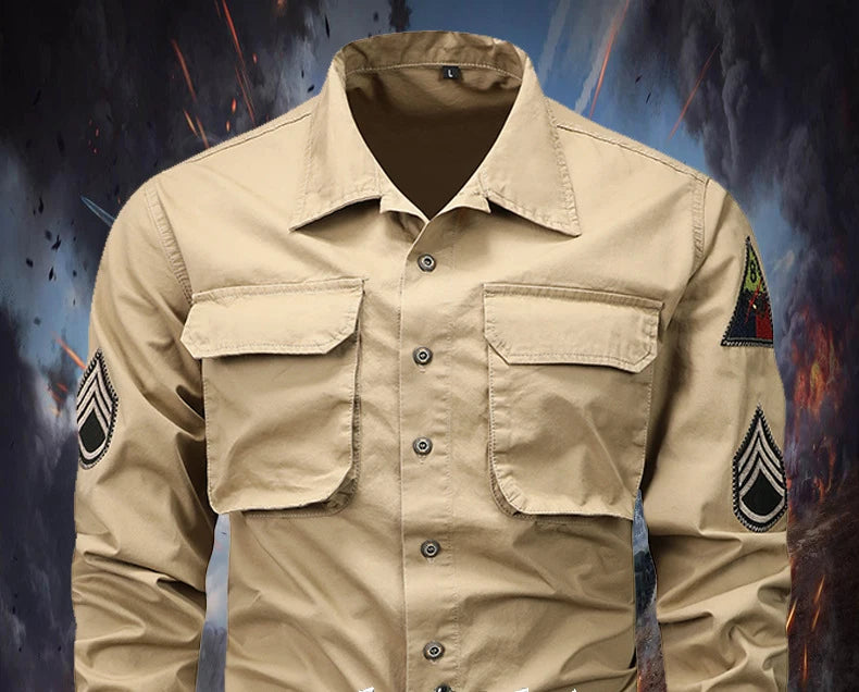 Tactical arm badge shirt in tan with two chest pockets and military-style patches