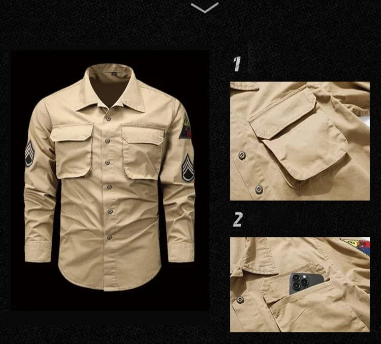 Tactical arm badge shirt in tan color with chest pockets for secure storage and a stylish look
