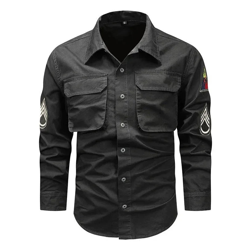 Men's tactical arm badge shirt in black with shoulder patches and button-up design
