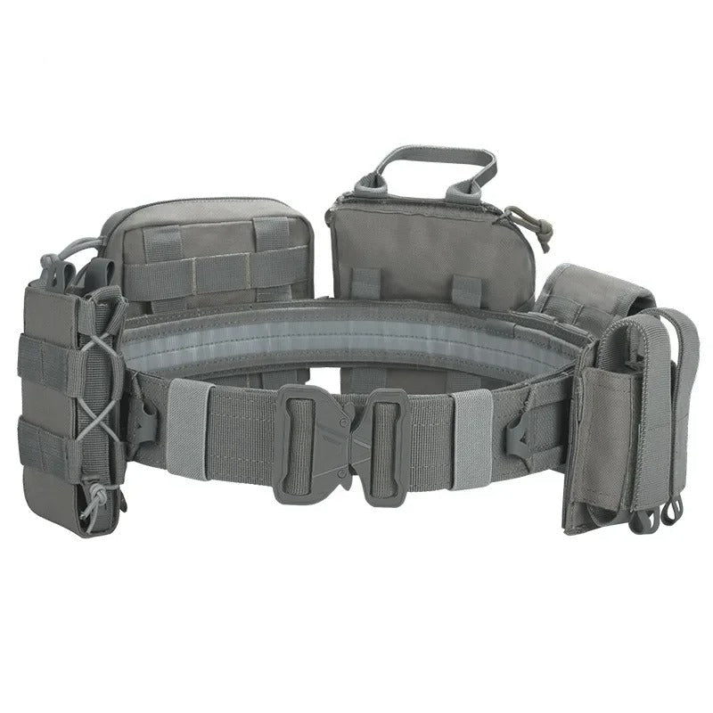 Gray tactical belt with multiple pouches for versatile uses