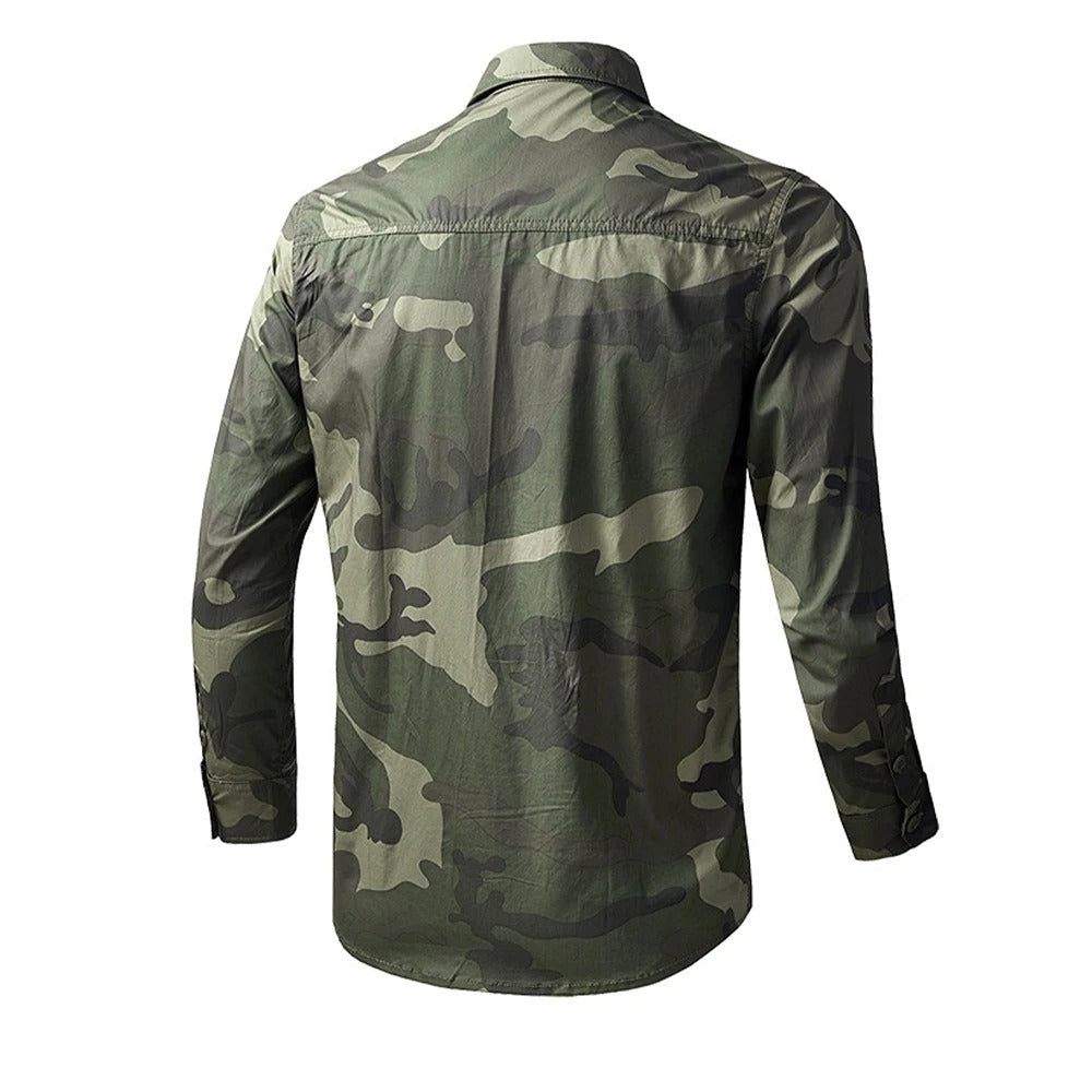Back view of a tactical camo shirt for men in green camouflage pattern, designed for outdoor activities