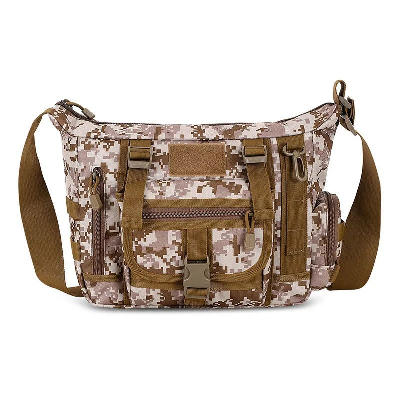 Tactical sling bag in camouflage pattern with multiple pockets for outdoor adventures