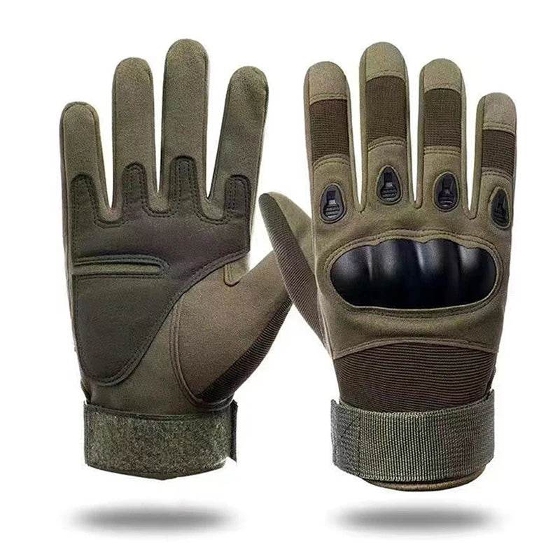 Military green tactical-style outdoor gloves with padded knuckles for enhanced protection