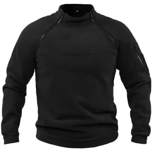 Black tactical sweater with zippered collar and utility pocket