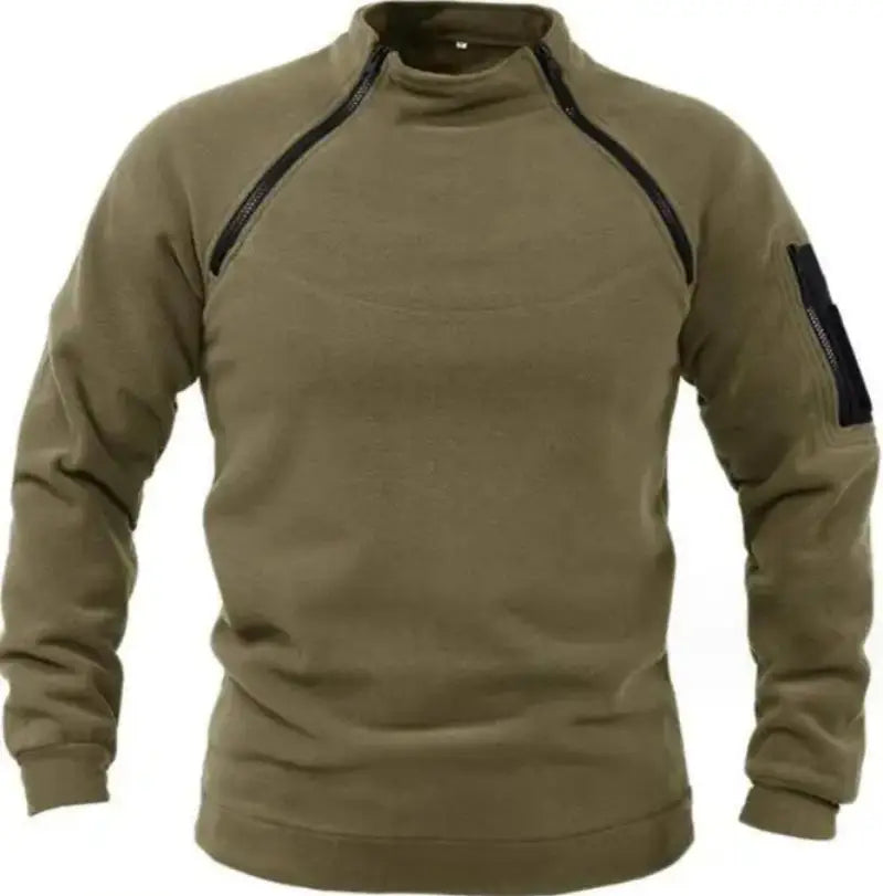 Military green tactical sweater with zippered collar for outdoor activities