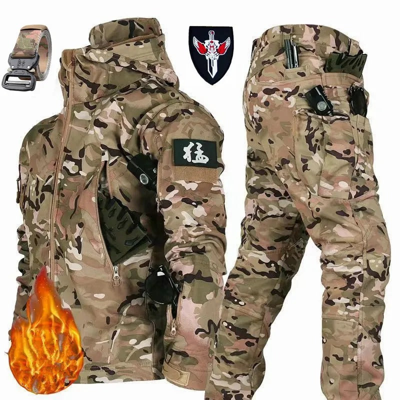 Tactical winter suit waterproof in camouflage design with adjustable features for outdoor activities