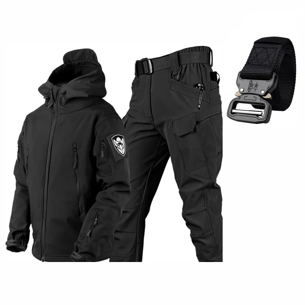 Tactical winter suit waterproof featuring a hooded jacket and cargo pants for extreme weather conditions