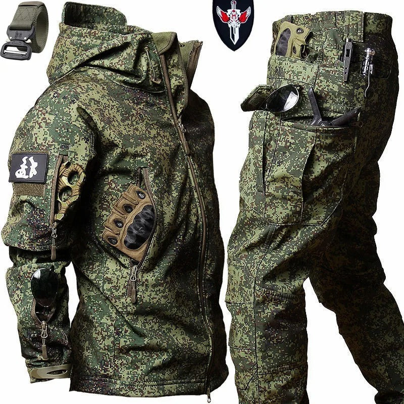 Camouflage tactical winter suit waterproof designed for harsh weather conditions with multiple pockets