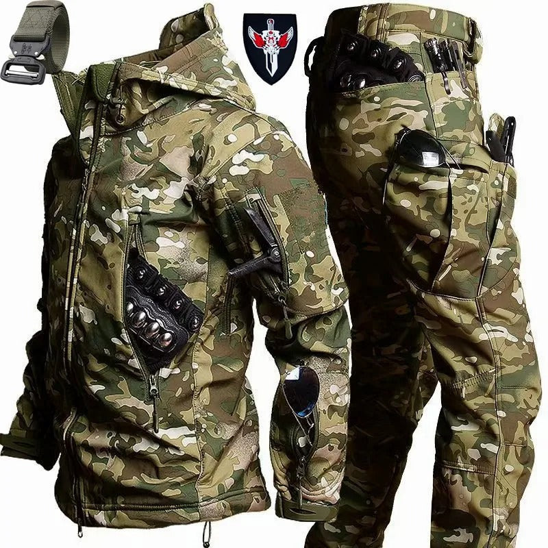 Tactical winter suit waterproof in camouflage pattern with multiple pockets and gear holsters