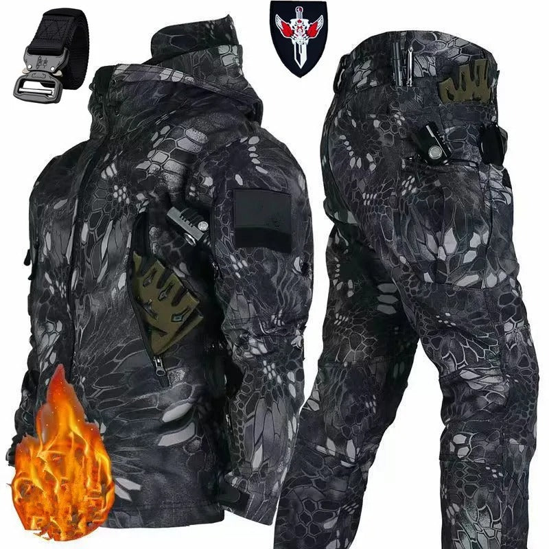 Tactical winter suit waterproof in camouflage design with multiple pockets for outdoor activities