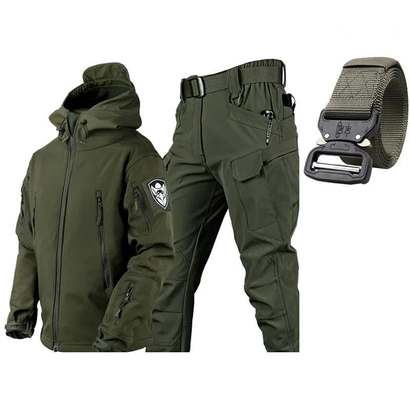 Tactical winter suit waterproof in olive green with hooded jacket and cargo pants for outdoor activities