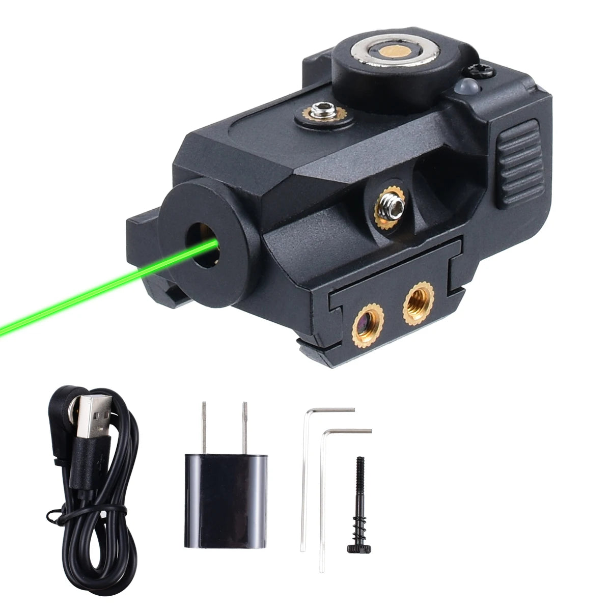 Ultra compact laser sight in black with green laser and USB charger